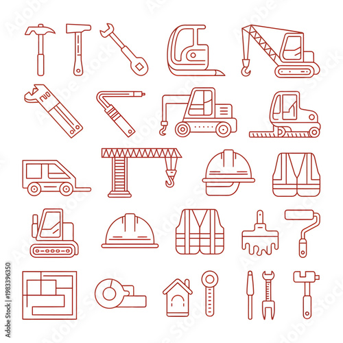Construction Tools and Equipment: A comprehensive collection of construction tools and equipment arranged in a precise pattern, suitable for a variety of tasks and needs.