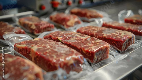 Wallpaper Mural Premium cuts marbled beef, sealed vacuum packaging, are neatly arranged stainless steel countertop butcher shop, highlighting quality freshness for discerning customers traditional meat retail setting Torontodigital.ca