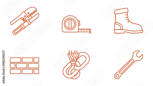 Construction tools outline: A collection of essential construction tools, each outlined in a clean, modern style, laid out against a backdrop ready for use.