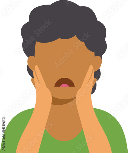 Person with dark skin and hair showing surprise and alarm