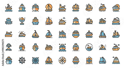 Collection of various boat and ship illustrations in a colorful style for design.