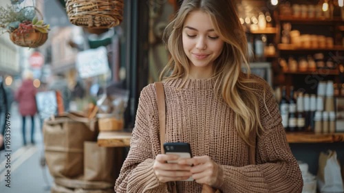 Wallpaper Mural Professional young woman with flowing long hair pauses outside thriving urban cafe, clad in a cozy sweater, absorbed in her smartphone amidst a dynamic atmosphere reflecting a modern vibrant lifestyle Torontodigital.ca