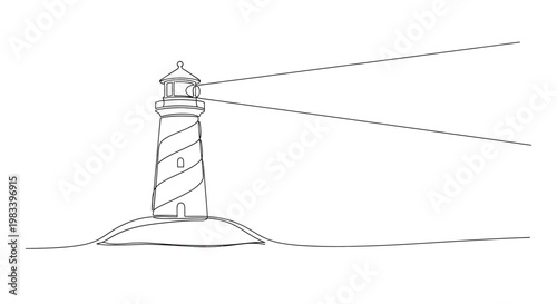 A solitary lighthouse stands on a small island, its beam cutting through the darkness
