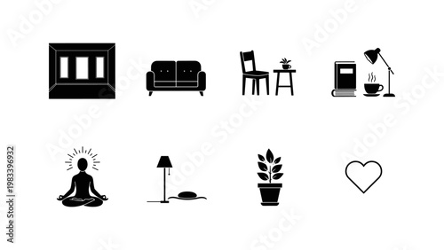 Home and relaxation icons: furniture, meditation, and plant silhouettes