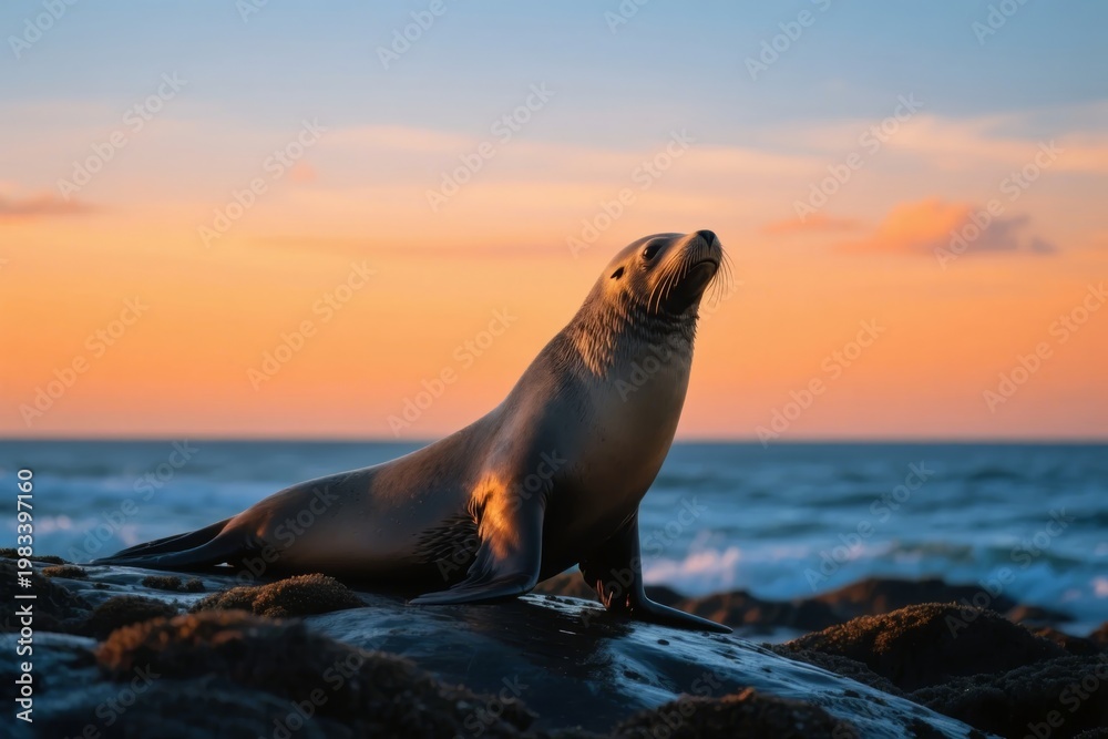 Naklejka premium Sea lion resting on rocks at sunset by the ocean