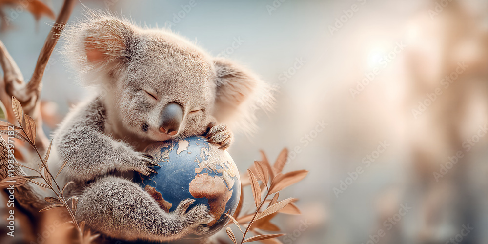 Obraz premium Mother koala hug. Maternal koala cradles planet amid tranquil evening glow and lush foliage