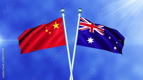 China and Australia Flag Waving On Pole Loop