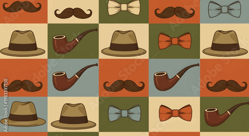 Retro Gentleman Pattern with Hats Pipes and Bowties
