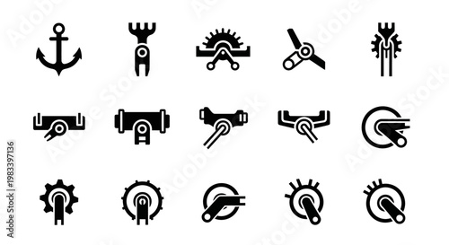 Industrial, mechanical icons set, 16 black silhouette symbols, tools and machinery elements, industrial equipment, vector graphics