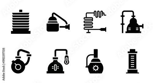 Industrial equipment icons, machinery symbols, factory tools, 8 black vector graphics