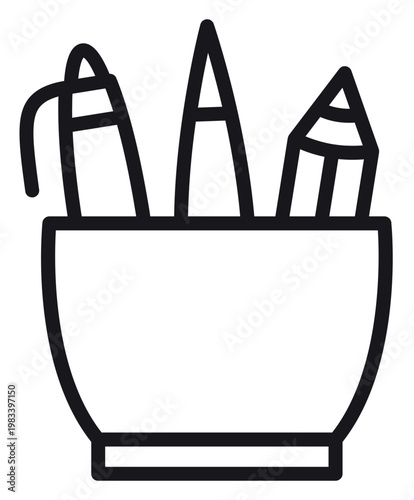 Minimalist black line vector icon of a pen and pencils sitting in a desk organizer cup, isolated on a white background. Perfect for office, school, education, and stationery design projects.