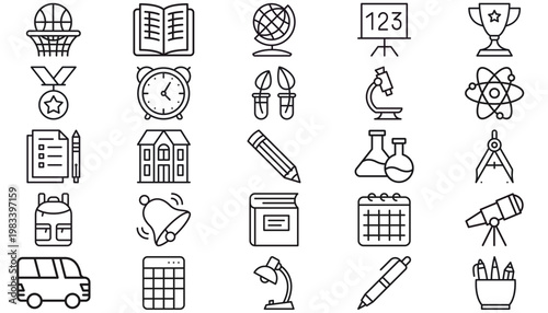 25 Minimalist Black Line Vector Icon Set Collection: Education, Science, School, and Office Symbols including Globe, Microscope, Trophy, Book, Alarm Clock, Calculator, House, and Stationery.