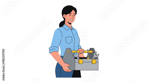 Handy Professional: A skilled woman carries a toolbox, symbolizing expertise and preparedness in a trade, ready to tackle any task with confidence and competence.