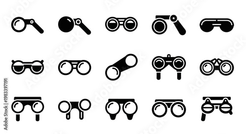Magnifying glass, binoculars, spyglass icons, 16 black vector graphics, optical tool set