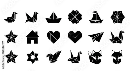 Black origami icon set, 20 paper folding designs, symbols and shapes, vector graphics