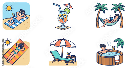 People relax on beach with sun, drink, lounge chairs, and hot tub