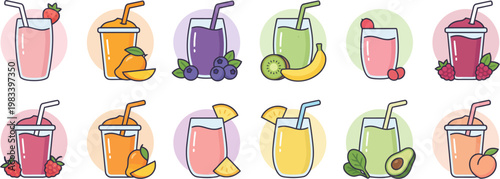 Colorful illustrations of various smoothies with fruits and straws are displayed.