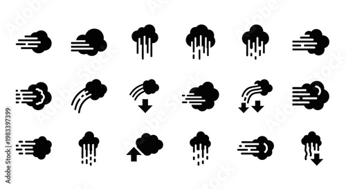 Weather icons, rain cloud symbols, stormy weather graphics, black vector set