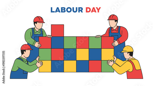 Labour Day Celebration: A vibrant illustration showcasing a collaborative team of construction workers assembling a colorful brick wall, commemorating the spirit of Labour Day.