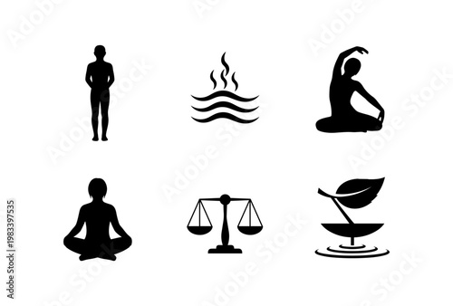 Silhouette wellness icons featuring yoga, balance, and harmony in black and white theme