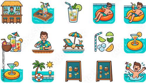 People enjoy leisure activities at a tropical resort by the ocean with palm trees.