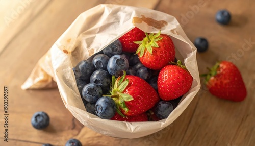 Fresh Strawberries and Blueberries in a Rustic Paper Bag.