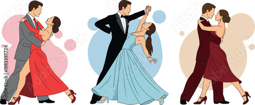 Ballroom dancing couples vector set with elegant men and women performing romantic waltz tango in formal attire illustration collection