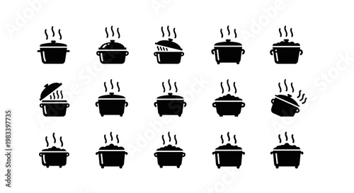 Black pot icons, steaming hot cookware symbols, kitchen utensil graphics, 16 boiling vessel illustrations