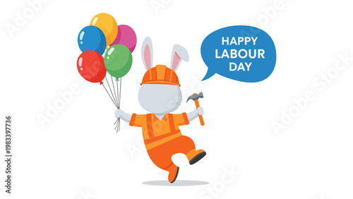 Labor Day Bunny: An illustrated bunny, donned in construction attire, cheerfully celebrates Labor Day by holding colorful balloons and a hammer, symbolizing the spirit of hard work and festive joy. 