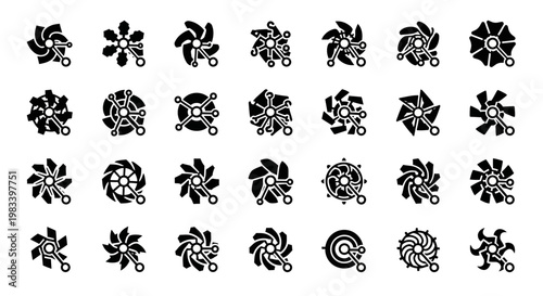 Black floral icons, 30 piece set, vector graphics, decorative flowers, botanical symbols