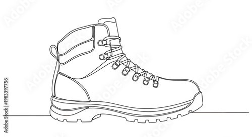 Minimalist line drawing of a hiking boot on a white background