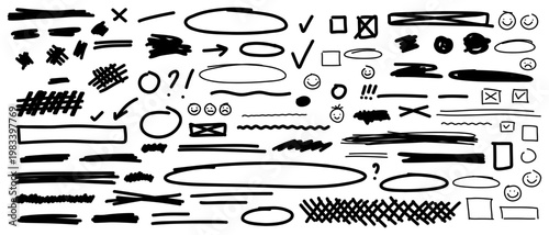 Hand-drawn marker strokes set. Сollection of black ink elements, scribbles, frames, icons for adding creative, organic touch to educational presentations, web UI wireframes, social media graphics.