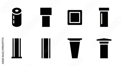 Black and white trash can icons, wastebasket symbols, garbage bin graphics, 8pcs vector set