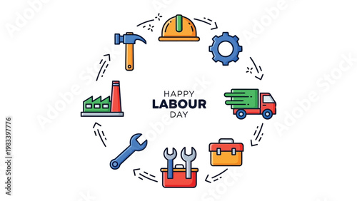 Labor Day Celebration: A vibrant circular arrangement celebrates Labor Day, showcasing essential tools and symbols representing industry, hard work, and the achievements of the workforce. 