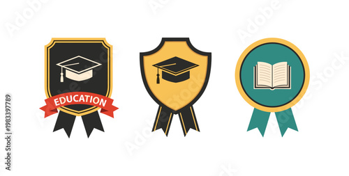 Education symbols with graduation cap and book on award badges