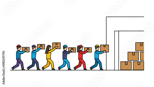 Supply Chain in Action: A group of diligent workers collaboratively transfers boxes, illustrating the seamless flow of goods in a well-coordinated supply chain. 