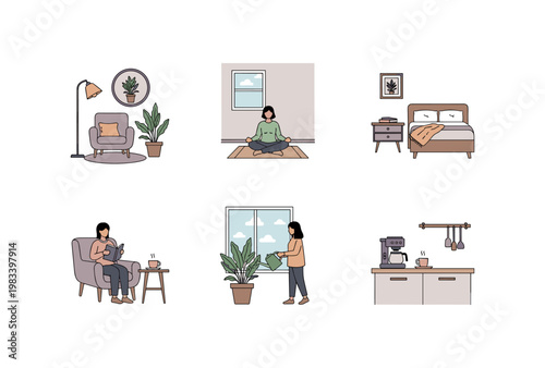 Minimalist home scenes: relaxation, yoga, reading, and coffee in a cozy space