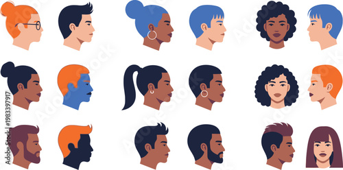Diverse People with Unique Hairstyles, Colorful Hair, Facial Hair, and Accessories in Profile View, Representation of Beauty and Individuality Vector Illustration
