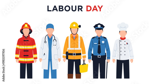 Celebrating Labour Day: A diverse representation of essential workers is showcased in a vibrant composition, honoring the dedication and sacrifice of those who serve the community.