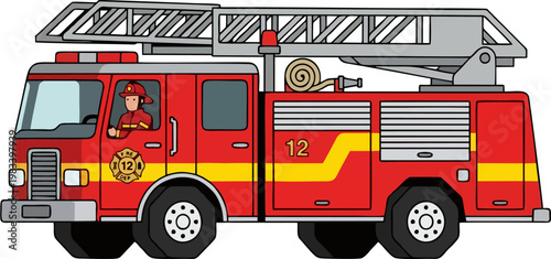 Fire Truck Ladder Rescue Vehicle with Firefighter Cartoon Vector Illustration Isolated