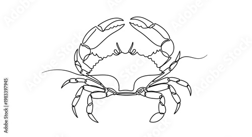 Minimalist single line drawing of a crab with claws raised