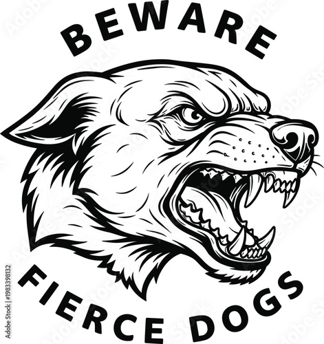 Beware fierce dogs warning sign vector with aggressive snarling dog head illustration in black and white