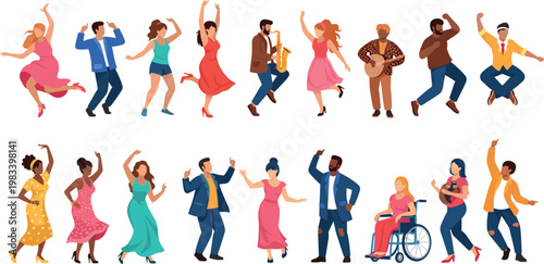 Diverse people dancing with musicians vector set featuring joyful men and women party celebration music performance colorful illustration collection