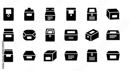 Black file folder icons, document storage symbols, office supplies set, 20 flat design elements