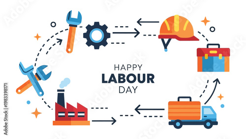 Labor Day Appreciation: A vibrant illustration celebrating Labor Day, featuring essential tools, gears, safety helmets, toolboxes, and transportation.