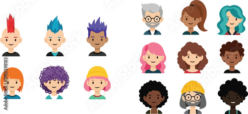 Stylish People with Colorful and Trendy Hairstyles, Different Haircuts, Afro, Curly, Mohawk, and Casual Look Vector Illustration