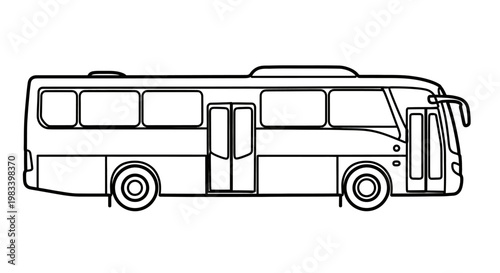 A black and white line drawing of a long passenger bus with many windows and doors