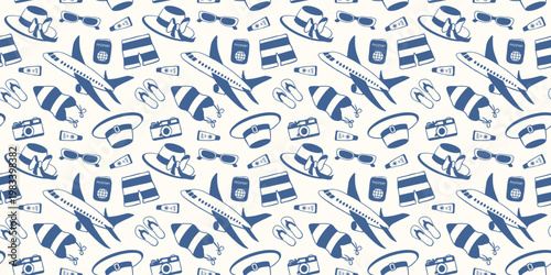 Seamless pattern with travel item, airplane, hat, shorts, camera, sunglasses, flip-flops and passport illustration for web banner, fabric in flat style.