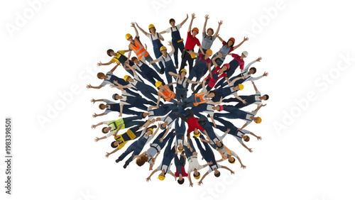 Unity in Construction: A collective of construction workers form a circle, arms outstretched, embodying solidarity, teamwork and the spirit of collaboration.