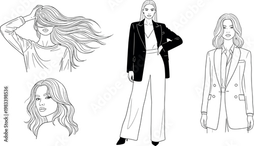 Modern fashion women line art vector set with stylish female portraits outfits blazer looks and trendy minimalist illustration collection